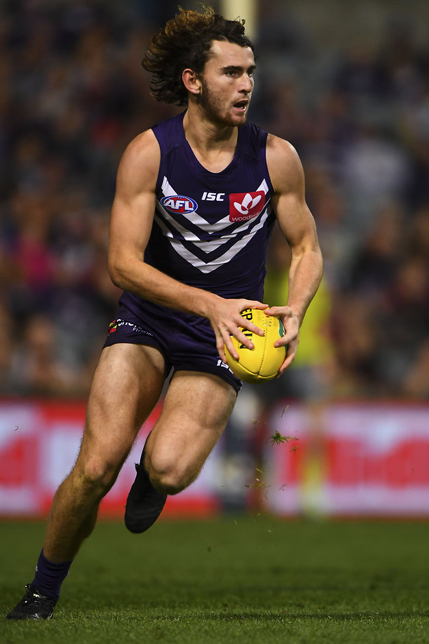 AFL 2016 Rd 11 - Fremantle v Essendon PERTH, AUSTRALIA - JUNE 04: Connor Blakely of the Dockers in action during the 2016 AFL Round 11 match between the Fremantle Dockers and the Essendon Bombers at Domain Stadium on June 4, 2016 in Perth, Australia. (Photo by Daniel Carson/AFL Media)